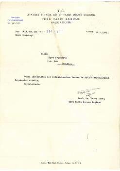 Türk Tarih Kurumu’ndan Ziyad Ebüzziya’ya mektup